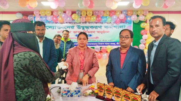 চেক তুলে দিচ্ছেন উপজেলা নির্বাহী অফিসার রাখী ব্যানার্জী